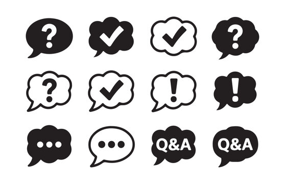 Set of black speech bubble icons with various symbols for communication and messaging user interface.