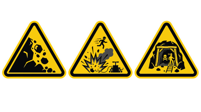 Mining danger warning signs, yellow industrial safety icons for rockfall and blast zones, set of 3 hazard symbols for underground mine works