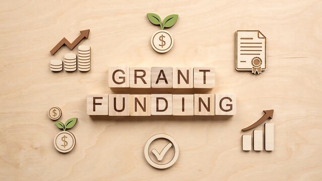 Grant funding text written on wooden blocks surrounded by financial growth icons on light wood background
