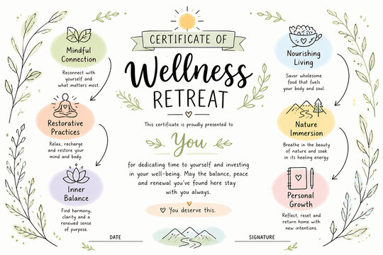 A decorative certificate of wellness retreat is displayed, featuring various mindfulness and self-care themes.
