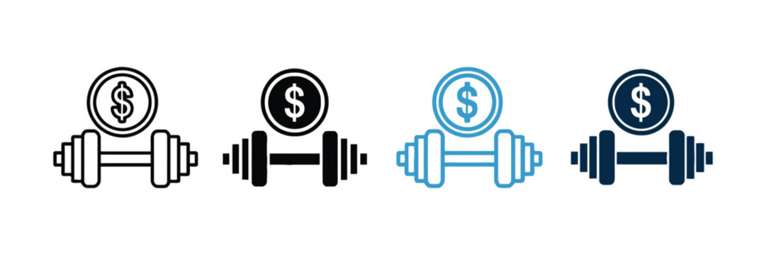 Paid gym membership icon set featuring fitness cost workout finance dumbbell weight and dollar currency symbols