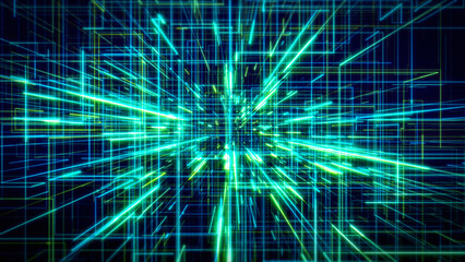 Obraz premium High speed data connection pathways zooming through virtual space in a cyan digital grid matrix.