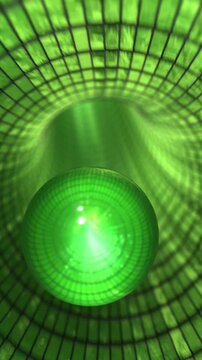 Abstract green sphere moving through a digital tunnel with grid pattern