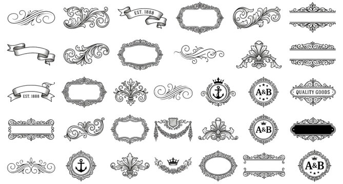 Vintage Ornamental Vector Collection with Floral Scrolls Frames and Decorative Banners
Keywords: