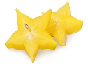 Fototapeta premium Two slices of star fruit or carambola isolated on white background with clipping path.