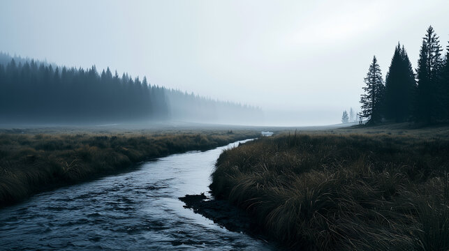 Dark and misty river flows quietly through a moody field bordered by dense pine forests under a foggy sky.