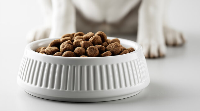White ceramic bowl filled with dry dog food kibbles with blurry dog paws in the background.