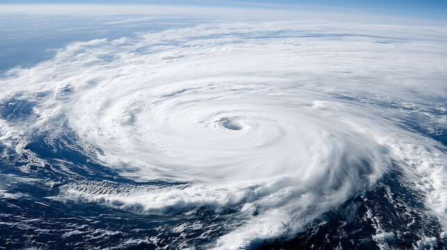 Satellite view of a massive hurricane swirling over the deep blue ocean with a defined eye.