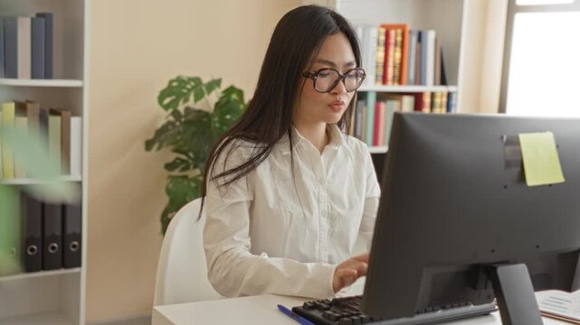 Woman typing with hands on keyboard at desk in office building, wearing glasses and looking at computer monitor; concentration productivity.