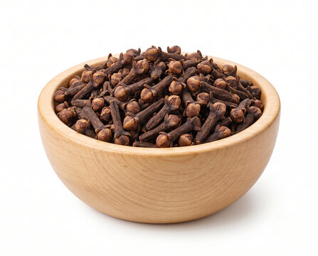 Premium wooden bowl filled with whole cloves isolated on white background for spice seasoning cooking export agriculture and food ingredient commercial product photography