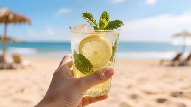 Hand holding iced lemon mint drink on sunny tropical beach, refreshing summer beverage with ocean, umbrellas and vacation mood scene