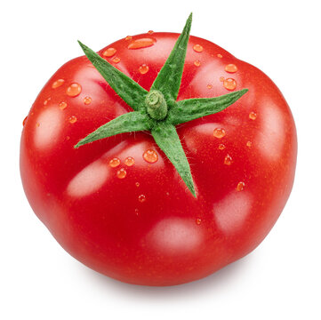 One ripe ideal tomato with water drops isolated on a white background with clipping path.