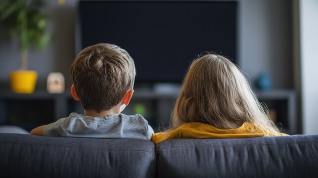 Two children sitting on a couch, watching television. A young boy with short brown hair and a girl with long blonde hair. Indoor setting with plants and a TV.