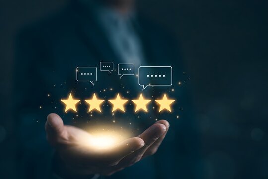 User feedback and review satisfaction, 5 star score, happy smile, Service experience rating online application, Evaluation of product service quality by customer. Customer satisfaction survey concept.