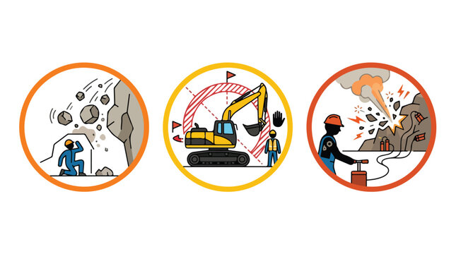 Mining safety icons set, industrial quarry hazards illustration, rockfall and explosion warning signs, excavator operation safety vector
