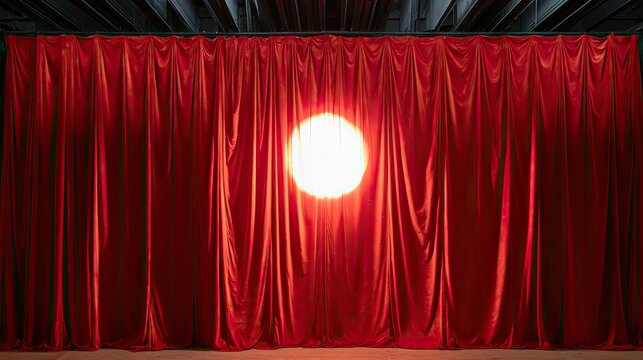 A bright circle of light shines behind rich red velvet stage curtains