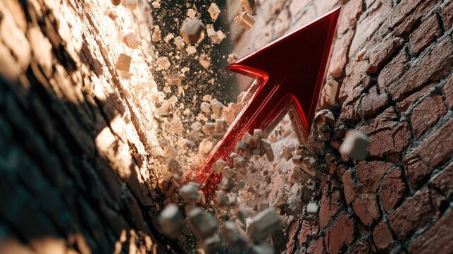 Red arrow forcefully breaks through crumbling brick wall, fragments fly