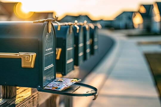 A row of mailboxes catches the golden sunset light