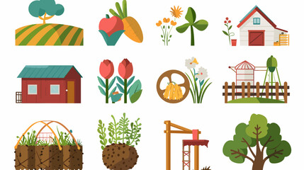 Colorful Flat Farm And Garden Icons Featuring Barn House Vegetables Raised Beds Flowers Tools © AI PIC