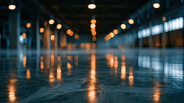 Dimly lit, reflective floor with out-of-focus overhead lights creating bokeh