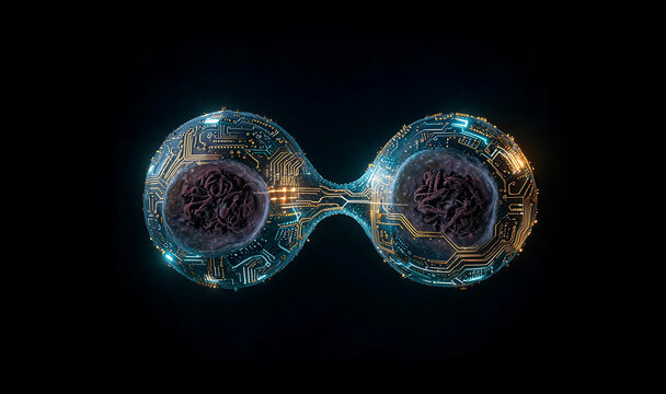 Digital twins artificial intelligence conceptual illustration with twin human brains connected inside futuristic tech cells representing mitosis cell division cloning and machine learning