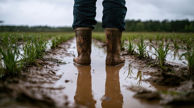 Boots stand in muddy field rows, reflecting sky