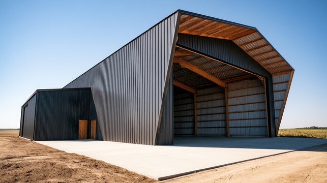 Modern angled metallic barn structure with open entry on concrete pad