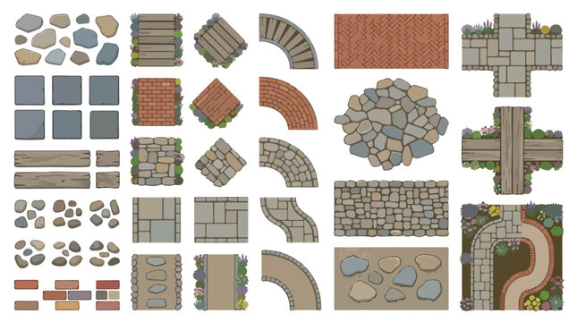 Garden path paving stones and walkway materials, landscape design elements for outdoor flooring, stone and brick patio textures vector set isolated PNG with Transparent Background