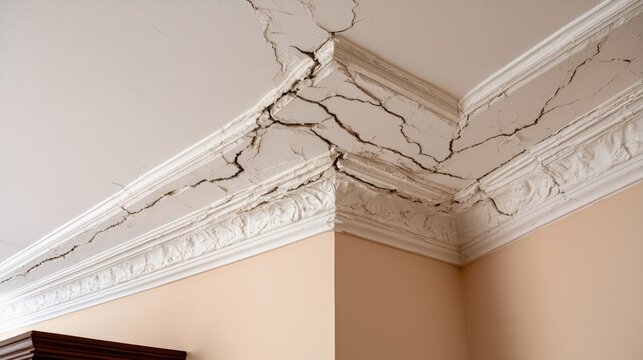 Detailed plaster ceiling cracks form jagged lines on ornate molding