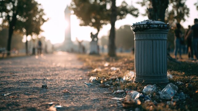 Overfilled trash bin on a sun-drenched path surrounded by litter