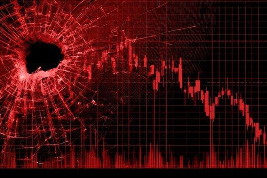 Shattered glass on a red financial graph shows a market crash