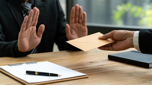 Man in suit refuses envelope offer, signifying rejection of bribe