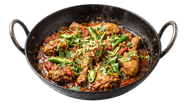 Traditional chicken karahi cooked with tomatoes, green chilies, and coriander, served in a black karahi pan, isolated on transparent background