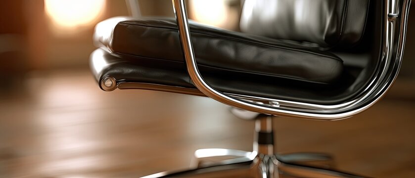 Close up of a black leather swivel chair with chrome accents