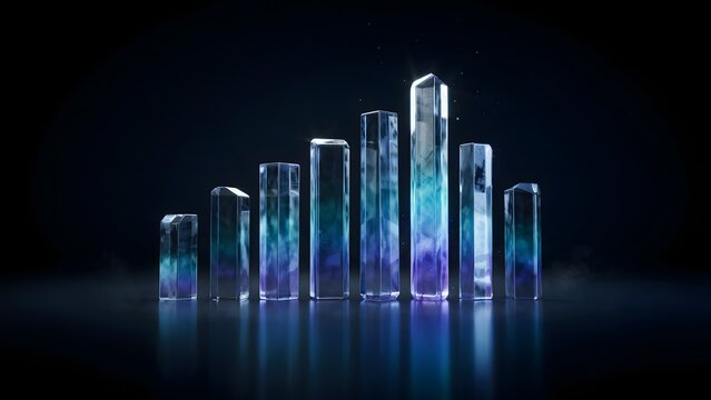 Luminous crystal bars rising in ascending pattern &ndash; Suitable for data monitoring, performance indicators, or tech dashboards.