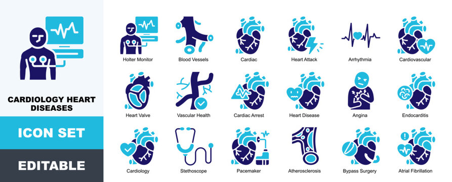 Cardiology Heart Diseases Icon Pack Featuring Holter Monitor, Blood Vessels, Cardiac, Heart Attack, Arrhythmia, Cardiovascular, Vascular Health