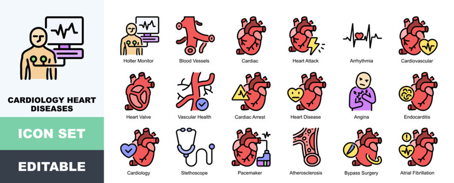 Cardiology Heart Diseases Icon Pack Featuring Holter Monitor, Blood Vessels, Cardiac, Heart Attack, Arrhythmia, Cardiovascular, Vascular Health