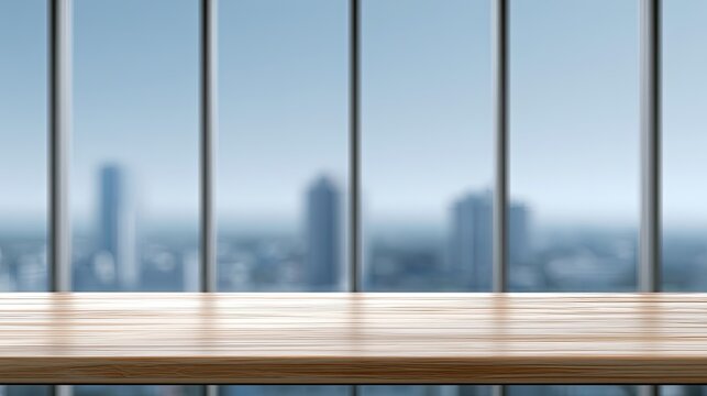 Warm wooden desk in front of blurred cityscape view through tall windows