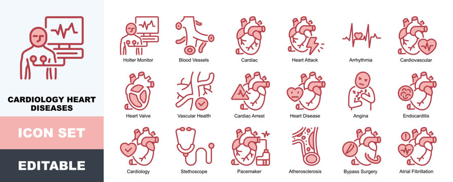 Cardiology Heart Diseases Icon Pack Featuring Holter Monitor, Blood Vessels, Cardiac, Heart Attack, Arrhythmia, Cardiovascular, Vascular Health