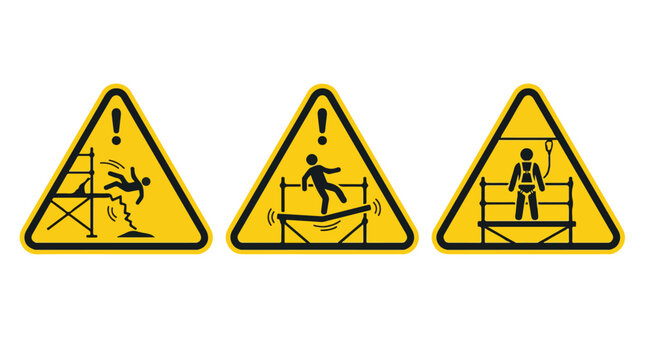 Industrial safety warning signs for scaffolding, construction site fall hazard icons, yellow caution triangles for working at heights