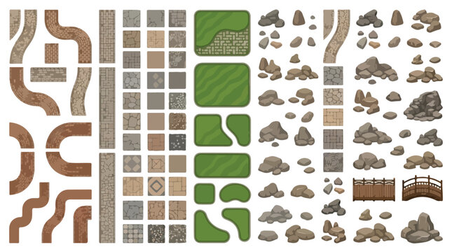 Isometric game environment kit, top down map tiles with dirt paths and grass, stone boulders and wooden bridge vector set for level design isolated PNG with Transparent Background
