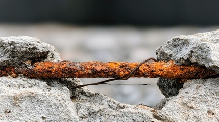 Fototapeta premium Close-up of corroded rebar protruding from weathered concrete