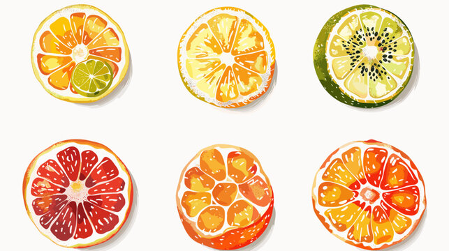 Vibrant Watercolor Assortment Of Six Citrus Fruit Slices With Juicy Segments On White Background