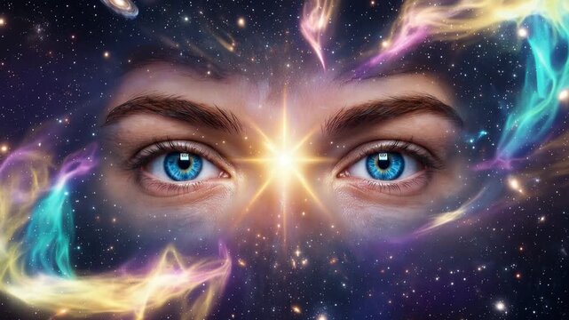 Close up of human blue eyes looking into a vibrant cosmic nebula with starlight and galaxy clouds 4k video
