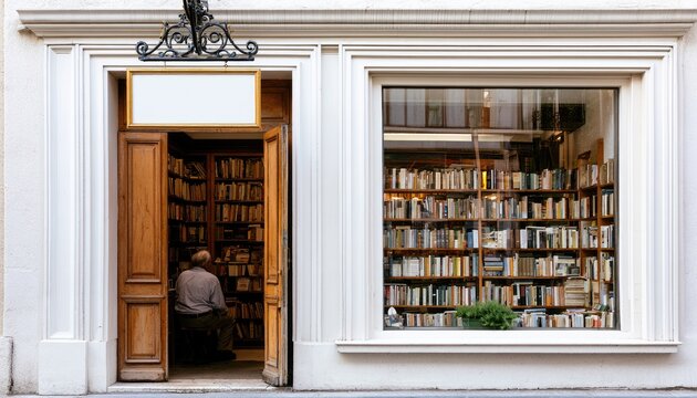 Cozy bookstore storefront with a solitary reader and shelves packed with books