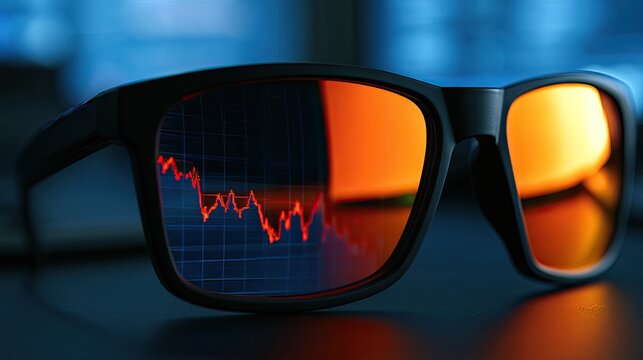 Trendy eyeglasses reflect a red downward trending stock market graph