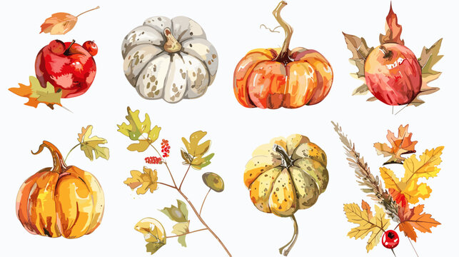 Watercolor Autumn Harvest Arrangement Featuring Pumpkins Pomegranates Gourds And Fall Foliage On
