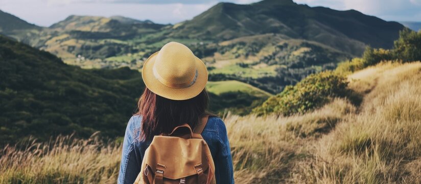 A young Asian woman with long black hair wears a yellow hat and a backpack, standing in a grassy field with mountains in the background.