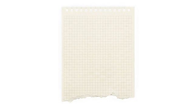 Torn sheet of grid graph paper with binder holes isolated on transparent background