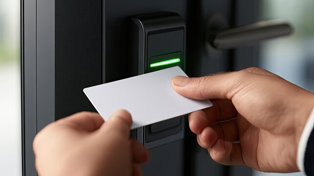 Hand holding access card to unlock modern door reader